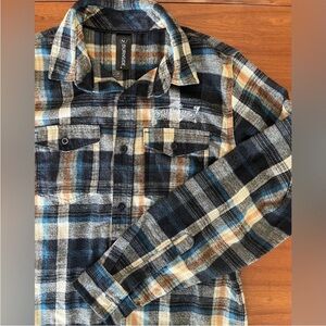🍺 Burnside SweetWater Brewing Flannel Shirt Sz S Navy Rust Plaid Fall Cozy